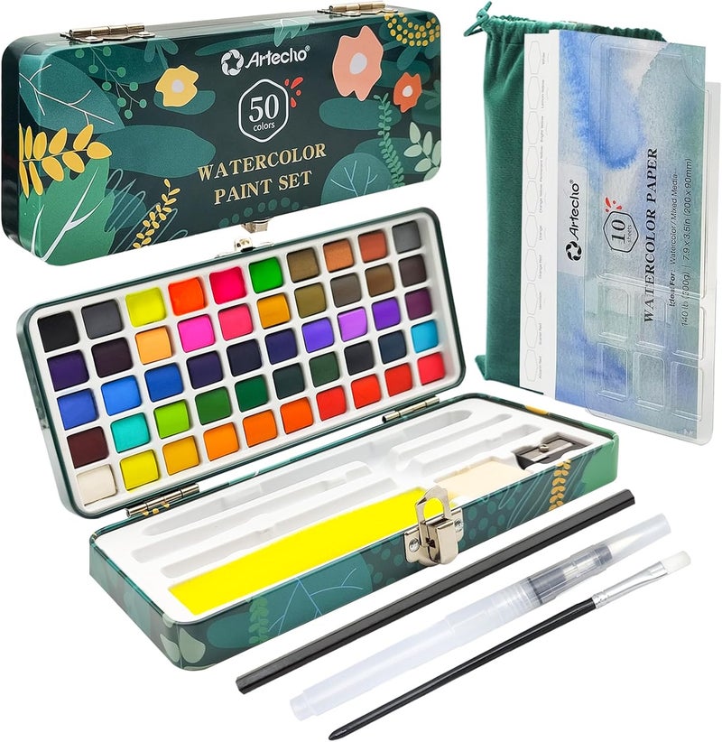 Artecho Watercolor Paint Set 50 Colors, Travel Watercolor Set with Watercolor Papers and Brushes, Ideal for Amateur Hobbyists, Painting Lovers and Artists - Image 1